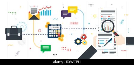 Financial investment, analytics with growth report.  Analysis of documents with charts. Calculations of rate, investment and tax. Flat design for web  Stock Vector