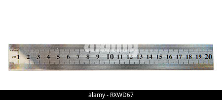 Metallic ruler, measuring tool. Office supply, school stationery. Isolated on white background Stock Photo