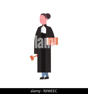 judge woman court worker in judicial robe holding book and hummer low justice professional occupation concept female cartoon character full length Stock Vector