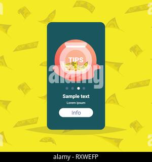 glass jar with coins and banknotes money bank tip box tips concept cash savings flat copy space Stock Vector