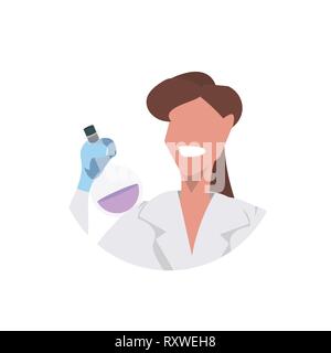 female scientist holding test tube face avatar woman laboratory technician in white uniform medical worker professional occupation concept white Stock Vector