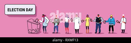 election day concept different occupations voters casting ballots at polling place during voting people putting paper ballot in box standing line Stock Vector