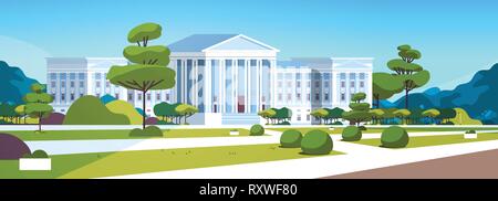 supreme court building with columns government house of justice exterior architecture design courthouse front yard with green grass and trees Stock Vector