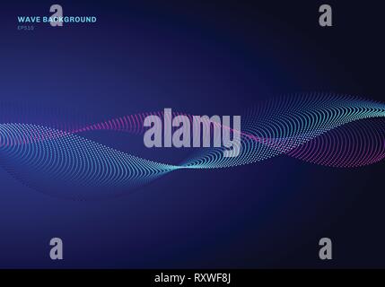 Abstract network design with particle blue and pink wave. Dynamic particles sound wave flowing on glowing dots dark background. Vector illustration Stock Vector