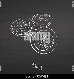 Bing food sketch on chalkboard. Vector drawing of Flatbread, usually known in China. Food illustration series. Stock Vector