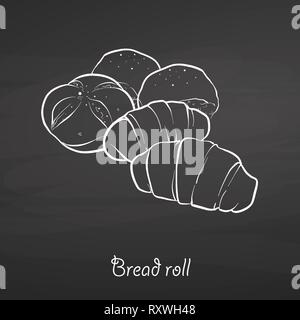 Bread roll food sketch on chalkboard. Vector drawing of Bun, usually known in Europe. Food illustration series. Stock Vector
