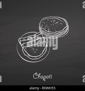 Chapati food sketch on chalkboard. Vector drawing of Flatbread, usually known in South Asia. Food illustration series. Stock Vector