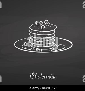 Cholermüs food sketch on chalkboard. Vector drawing of Pancake, usually known in Switzerland. Food illustration series. Stock Vector