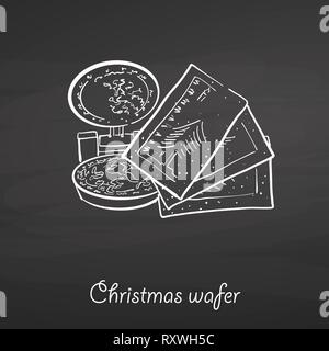 Christmas wafer food sketch on chalkboard. Vector drawing of Crispy bread, usually known in Eastern Europe. Food illustration series. Stock Vector
