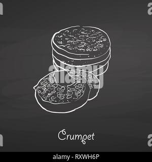 Crumpet food sketch on chalkboard. Vector drawing of Flatbread, usually known in United Kingdom. Food illustration series. Stock Vector