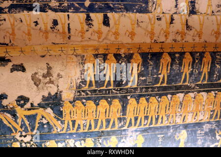 Wall frieze from the tomb of Ramesses VI. Tomb KV9 in Egypt's Valley of the Kings was originally constructed by Pharaoh Ramesses V. He was interred here, but his uncle, Ramesses VI, later reused the tomb as his own. The layout is typical of the 20th dynasty - the Ramesside period. Ramesses VI Nebmaatre-Meryamun was the fifth ruler of the Twentieth Dynasty of Egypt. He reigned for about eight years in the mid-to-late 12th century BC Stock Photo