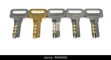 five keys in a row on a white background isolated closeup Stock Photo