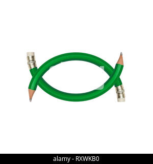 abstract pattern of two crossed curved green pencils isolated on white background Stock Photo