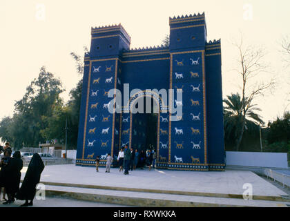 Half-size replica of the Ishtar Gate at Babylon (Bab-Il, Babel), 90km SW of Baghdad, Iraq, photographed in March 1983 during the Iran-Iraq War. Stock Photo