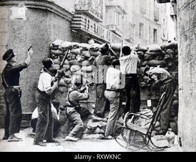 Republican barricade during the Siege of the Alcazar was a highly symbolic Nationalist victory in Toledo in the opening stages of the Spanish Civil War. The Alcazar of Toledo was held by a variety of military forces in favour of the Nationalist uprising. Militias of the parties in the Popular Front began their siege on July 21, 1936. The siege ended on September 27 with the arrival of the Army of Africa under Francisco Franco. Stock Photo