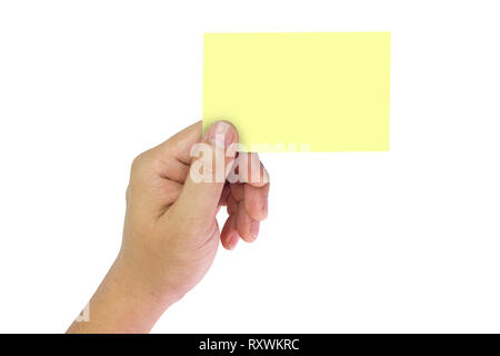 Hand holding yellow space notes on isolate white background. Stock Photo