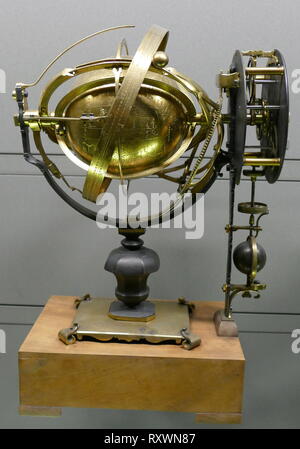French armillary sphere, 18th century, brass. An armillary sphere (variations are known as spherical astrolabe, armillary, or armil) is a model of objects in the sky (on the celestial sphere), consisting of a spherical framework of rings, centred on Earth or the Sun, that represent lines of celestial longitude and latitude and other astronomically important features, such as the ecliptic. As such, it differs from a celestial globe, which is a smooth sphere whose principal purpose is to map the constellations.