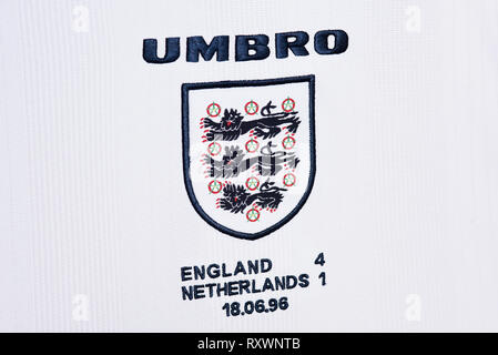 Close up oF England National football team Euro 96 kit. Stock Photo
