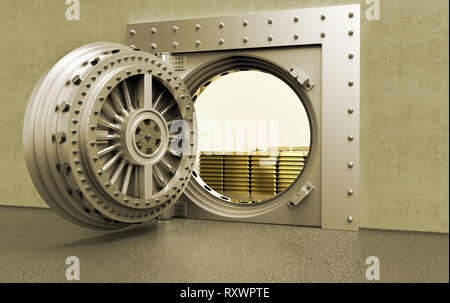 3D rednering of a bank Vault with gold bars inside Stock Photo