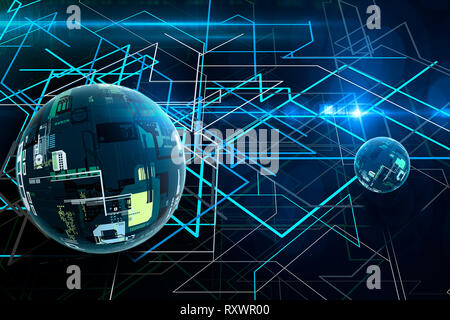 Abstract 3D cryptography and big data ball. Modern communication technology. Line background Stock Photo