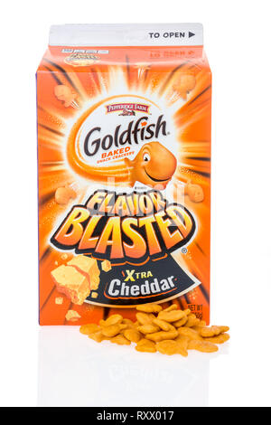 Winneconne, WI - 3 March 2019: A package of Pepperidge Farm Goldfish baked snack crackers xtra cheddar  on an isolated background Stock Photo
