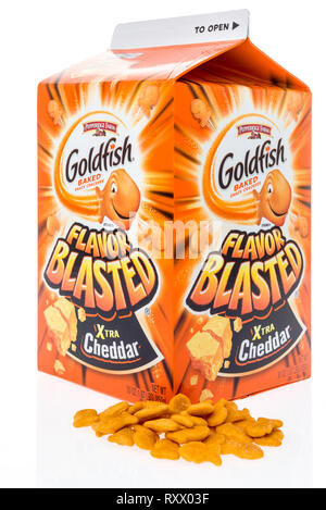 Winneconne, WI - 3 March 2019: A package of Pepperidge Farm Goldfish baked snack crackers xtra cheddar  on an isolated background Stock Photo