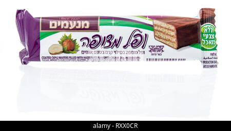 Winneconne, WI - 3 March 2019: A package of Manamim hazelnut wafer on an isolated background Stock Photo