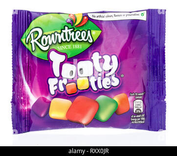 Winneconne, WI - 3 March 2019: A package of Rowntrees tooty frooties candy on an isolated background Stock Photo