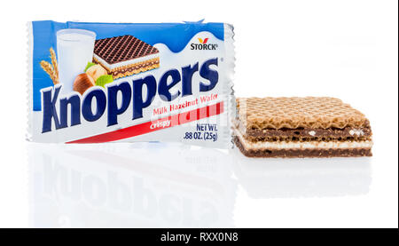 Winneconne, WI - 3 March 2019: A package of Storck Knoppers crispy wafer candy on an isolated background Stock Photo