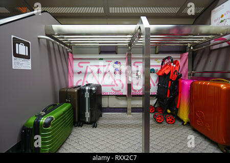 OSAKA, JAPAN -28 FEB 2019- View of the special livery Hello Kitty Shinkansen, a high-speed bullet train operating on the Sanyo line between Osaka and  Stock Photo