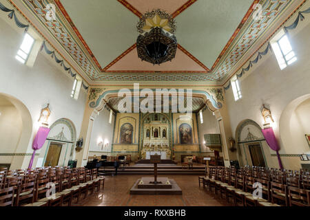 Santa Clara, California - March 10, 2019: Interior of Church of Mission Santa Clara de Asis. Stock Photo