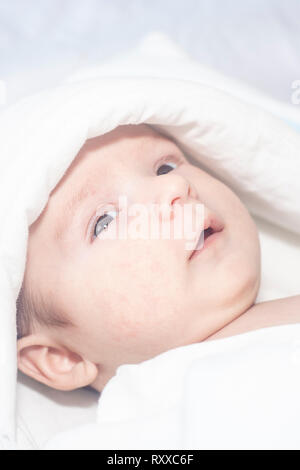 Adorable cute newborn baby boy on white background. The lovely child wore on rabbit costume with long ears. Holiday, Easter, childhood concept. Stock Photo