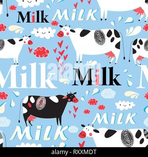 Vector seamless advertising pattern with cows and milk Stock Vector