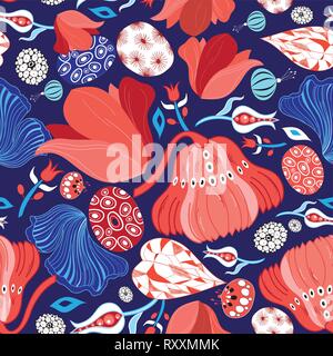 Bright windy beautiful pattern of red flowers Stock Vector