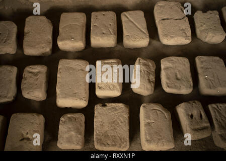 Adobe mud bricks at the ruins of the ancient pre-Inca Huaca Pucllana or ...