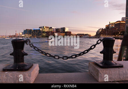 Photo taken from the Long Wharf of the Boston Harbor at dusk, Boston, Massachusetts, USA. Stock Photo