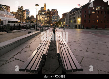 View at dusk of downtown Boston from the end of historic Long Wharf, Boston, Massachusetts, USA Stock Photo