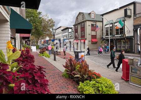 Historic Thames Street is described as the 'nerve center' of Newport with its many shops, restaurants, bars, and close proximity to the town's marina and harbour, Newport, Rhode Island, USA Stock Photo