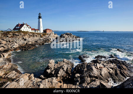 Portland Head Lighthouse at Cape Elizabeth located 5 m. (8 km) from Portland, Maine, USA Stock Photo