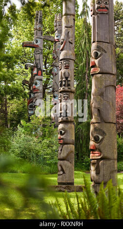 Group of totems at Thunderbird Park, Royal BC, Museum, Victoria, British Columbia, Canada Stock Photo