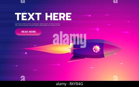 Space rocket flying in sky, flat design colored vector illustration. Stock Vector