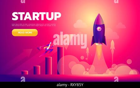 Cartoon character, businessman flying in startup rocket. Vector eps10. Stock Vector