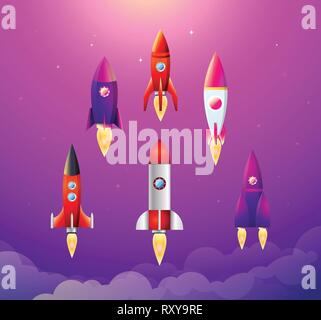 Vector illustration. 6 flat icons with varicolored rocket ships. Project start up and development process Stock Vector