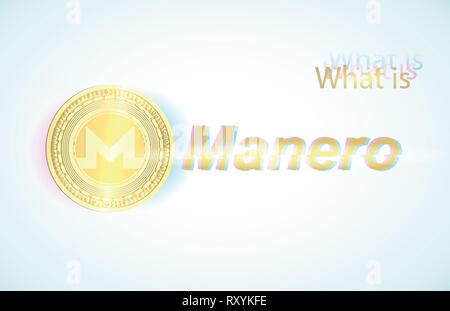 Realistic gold coin manero and light blue background . Stock illustration. Glitch style Stock Vector