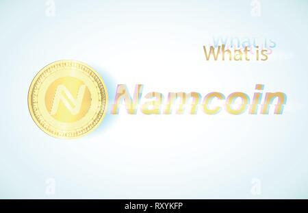 Realistic gold coin namcoin and light blue background . Stock illustration. Glitch style Stock Vector