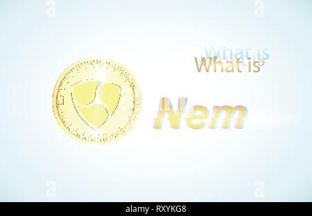 Realistic gold coin nem and light blue background . Stock illustration. Glitch style Stock Vector