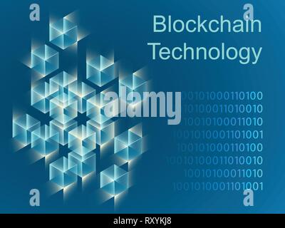Blockchain concept slider banner design with isometric blocks chain illustration and text vector illustration Stock Vector