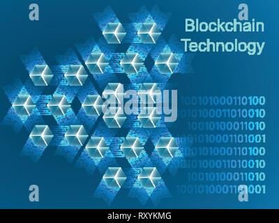 Blockchain concept slider banner design with isometric blocks chain illustration and text vector illustration Stock Vector
