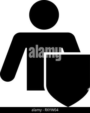 Stick man with shield Protecting personal data concept Man holding shield for reflecting attack Protected from attack idea icon black color vector ill Stock Vector