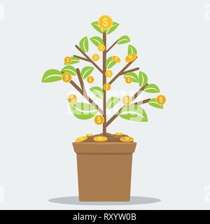 Successful investment concept with home plant in flower pot and dollar symbol coins. Flat vector illustration. Stock Vector
